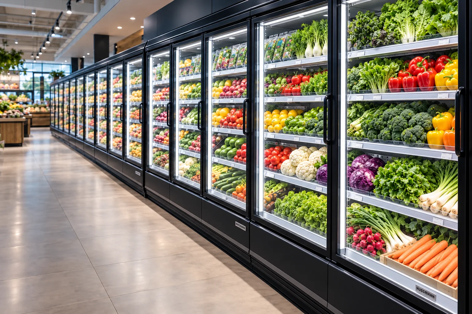 Glass-door refrigerated grocery display cases