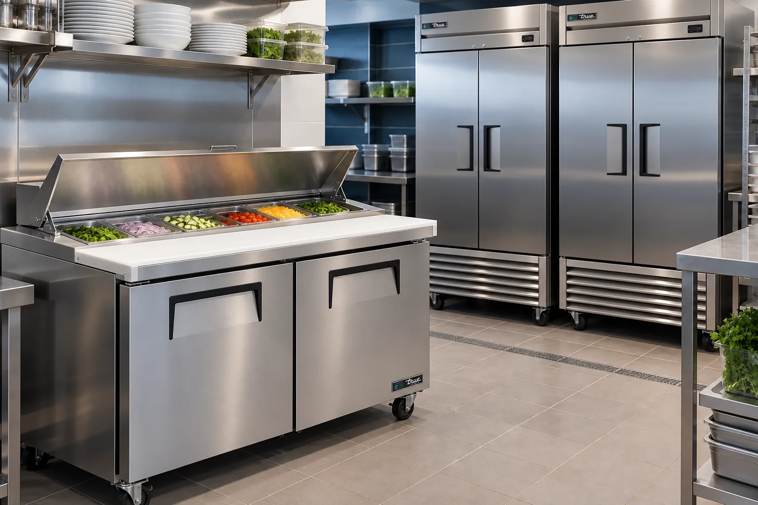 Commercial refrigerated prep counter and reach-in cabinets in a stainless kitchen — illustrative scene