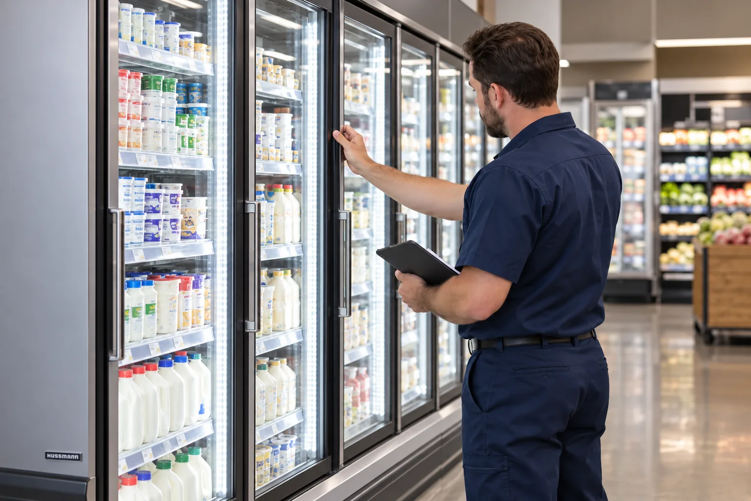 Refrigeration technician inspecting a display case — illustrative generated scene