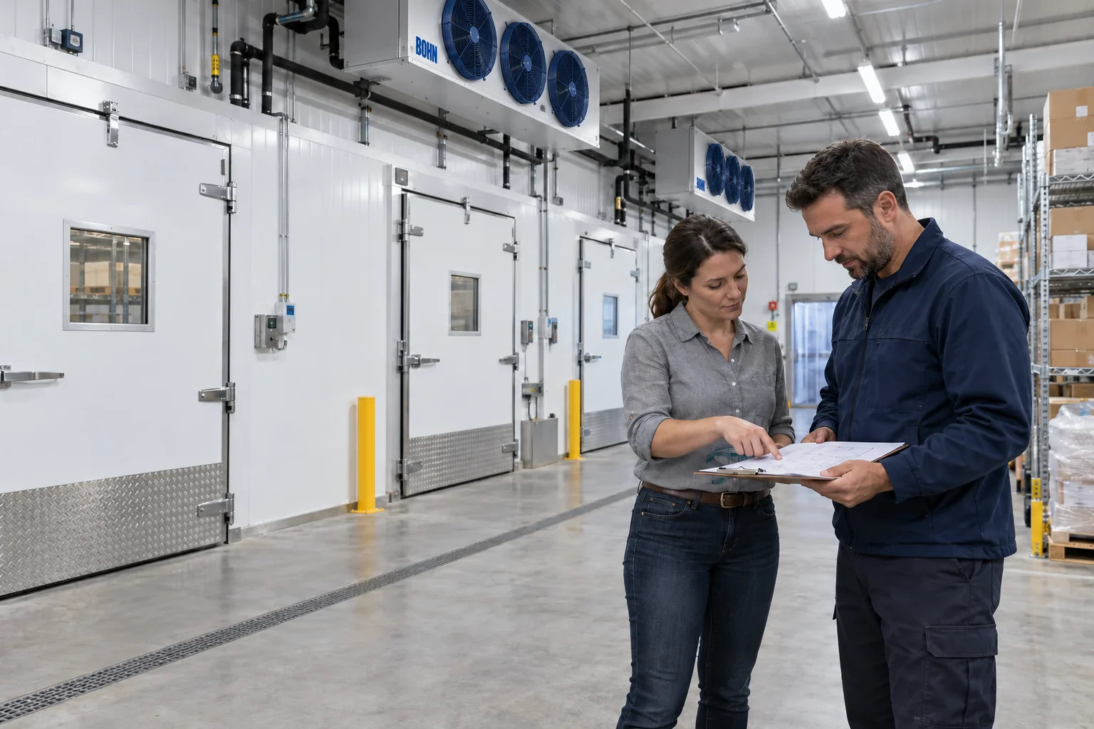 Refrigeration technician and facility representative discussing a cold-room project — illustrative scene
